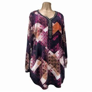 NY Collection Long Sleeve Purple Beaded Blouse